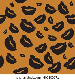 Seamless pattern of large silhouettes of kissing lips brown on orange background