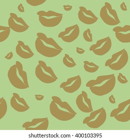 Seamless pattern of large silhouettes of kissing lips brown on green background