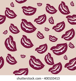 Seamless pattern of large silhouettes of kissing lips purple on pink background