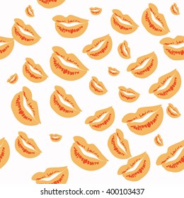 Seamless pattern of large silhouettes of kissing lips orange on white background