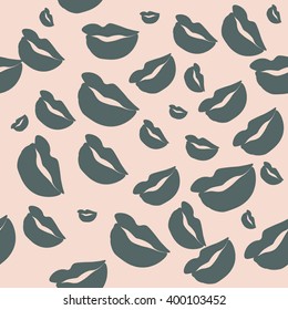 Seamless pattern of large silhouettes of kissing lips grey on pink background