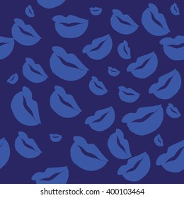 Seamless pattern of large silhouettes of kissing lips blue on dark blue background