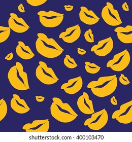Seamless pattern of large silhouettes of kissing lips yellow on blue background