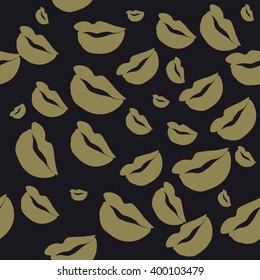 Seamless pattern of large silhouettes of kissing lips grey on black background