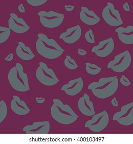 Seamless pattern of large silhouettes of kissing lips grey on purple background