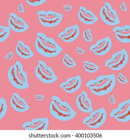 Seamless pattern of large silhouettes of kissing lips blue on pink background