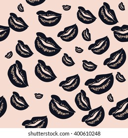 Seamless pattern of large silhouettes of kissing lips colorful background