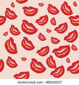 Seamless pattern of large silhouettes of kissing lips colorful background