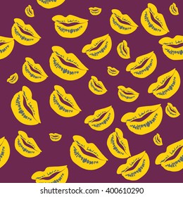 Seamless pattern of large silhouettes of kissing lips colorful background