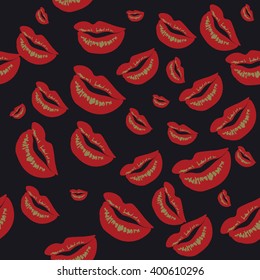 Seamless pattern of large silhouettes of kissing lips colorful background