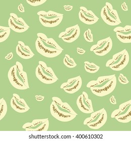Seamless pattern of large silhouettes of kissing lips colorful background