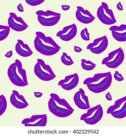 Seamless pattern of large silhouettes of kissing lips blue and purple on light background