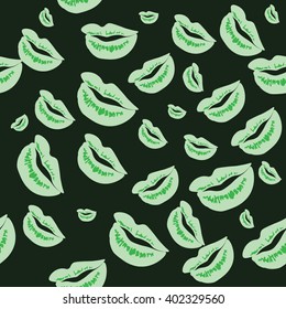 Seamless pattern of large silhouettes of kissing lips mint and green on dark background