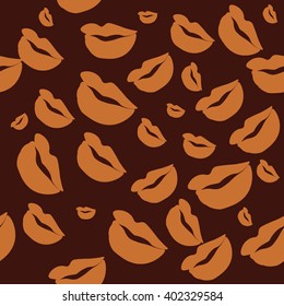 Seamless pattern of large silhouettes of kissing lips brown on dark brown background