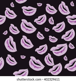 Seamless pattern of large silhouettes of kissing lips purple on dark background