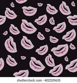 Seamless pattern of large silhouettes of kissing lips purple on dark background