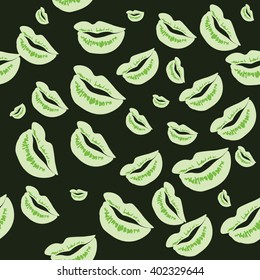 Seamless pattern of large silhouettes of kissing lips mint on dark background