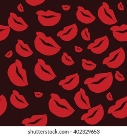 Seamless pattern of large silhouettes of kissing lips red on dark background