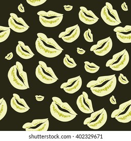 Seamless pattern of large silhouettes of kissing lips green on dark background