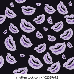 Seamless pattern of large silhouettes of kissing lips violet on dark background