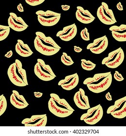 Seamless pattern of large silhouettes of kissing lips yellow and red on dark background