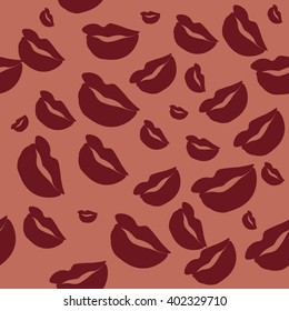 Seamless pattern of large silhouettes of kissing lips dark red on pink background