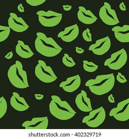 Seamless pattern of large silhouettes of kissing lips green on dark background
