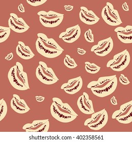 Seamless pattern of large silhouettes of kissing lips colorful background