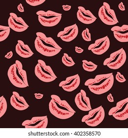 Seamless pattern of large silhouettes of kissing lips colorful background