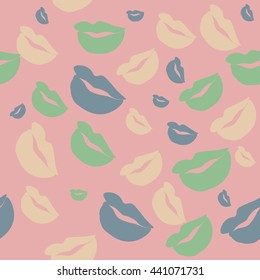 Seamless pattern of large silhouettes of kissing lips colorful background