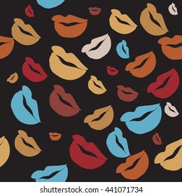 Seamless pattern of large silhouettes of kissing lips colorful background