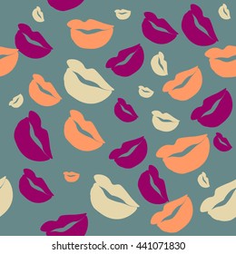 Seamless pattern of large silhouettes of kissing lips colorful background
