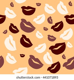 Seamless pattern of large silhouettes of kissing lips colorful background