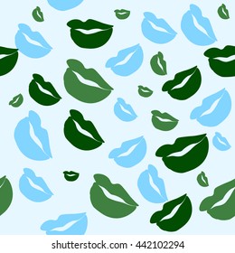 Seamless pattern of large silhouettes of kissing lips colorful background