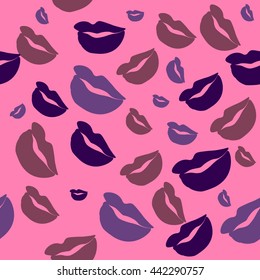 Seamless pattern of large silhouettes of kissing lips colorful background