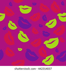 Seamless pattern of large silhouettes of kissing lips colorful background