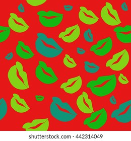 Seamless pattern of large silhouettes of kissing lips colorful background