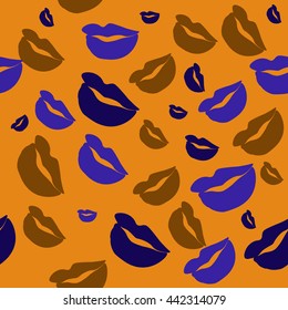 Seamless pattern of large silhouettes of kissing lips colorful background