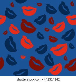 Seamless pattern of large silhouettes of kissing lips colorful background