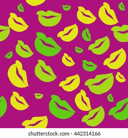 Seamless pattern of large silhouettes of kissing lips colorful background