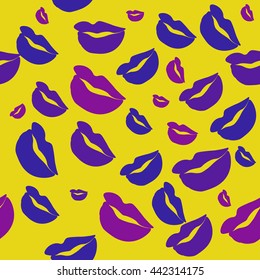 Seamless pattern of large silhouettes of kissing lips colorful background