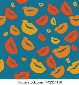 Seamless pattern of large silhouettes of kissing lips colorful background