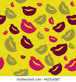 Seamless pattern of large silhouettes of kissing lips colorful background