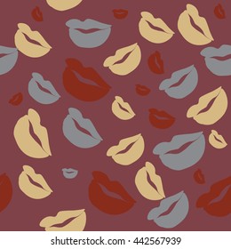 Seamless pattern of large silhouettes of kissing lips colorful background