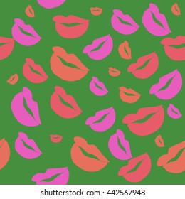 Seamless pattern of large silhouettes of kissing lips colorful background