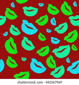Seamless pattern of large silhouettes of kissing lips colorful background
