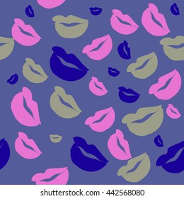 Seamless pattern of large silhouettes of kissing lips colorful background