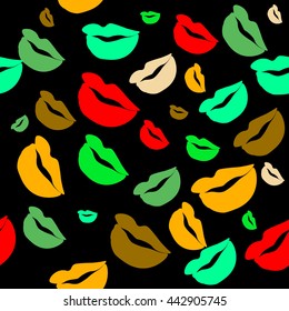 Seamless pattern of large silhouettes of kissing lips colorful background