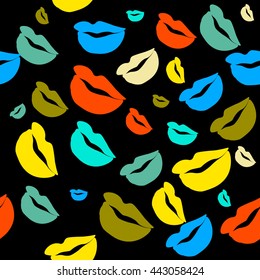Seamless pattern of large silhouettes of kissing lips colorful background