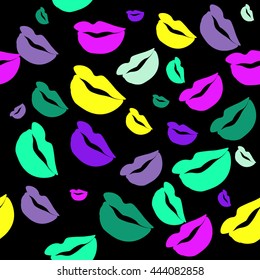 Seamless pattern of large silhouettes of kissing lips colorful background